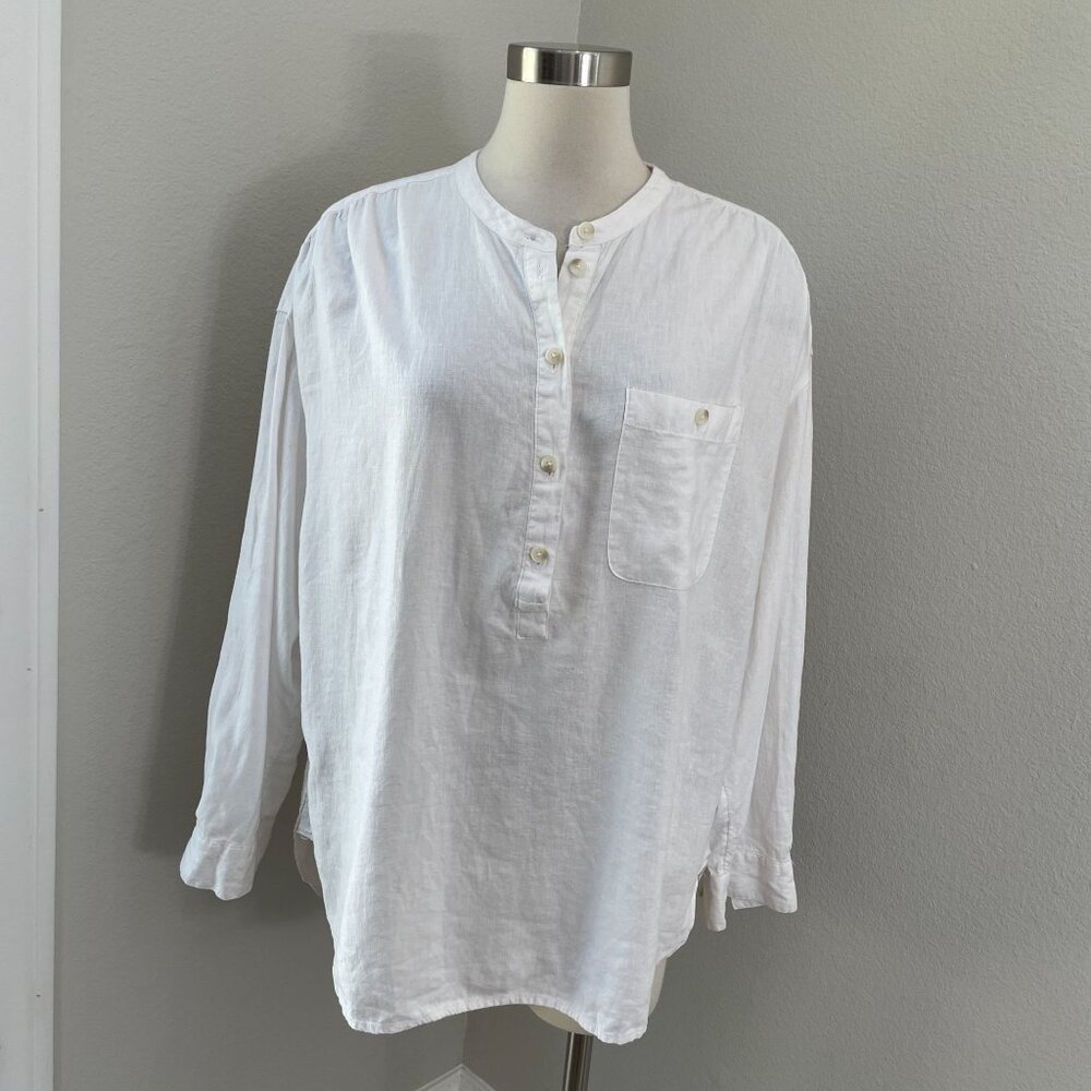 Madewell Womens XL White Popover Shirt Linen Blend Long‎ Sleeve Blouse Tunic Top
